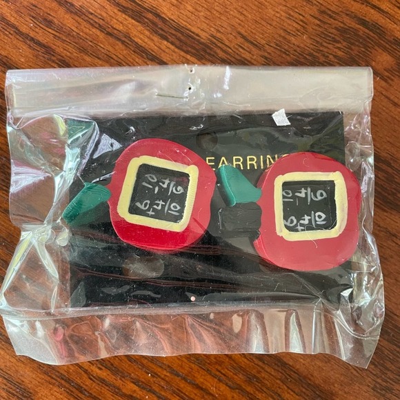 Vintage Teacher Earrings Handmade Wooden Math Chalkboard Apples Novelty - Picture 1 of 3